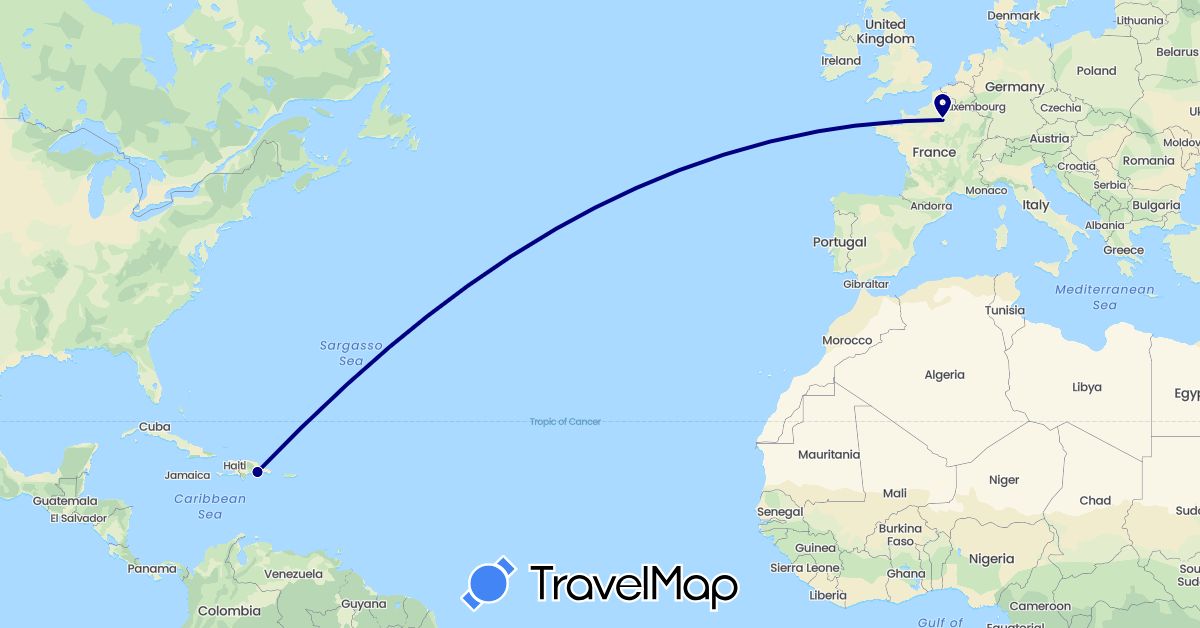 TravelMap itinerary: driving in Dominican Republic, France (Europe, North America)